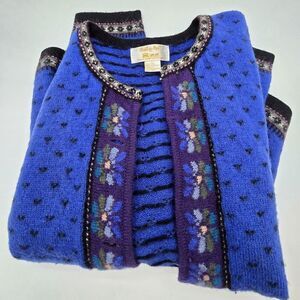 Tally-Ho Womens 100% Wool Blue Cardigan Sweater With Embroidered Floral Design -